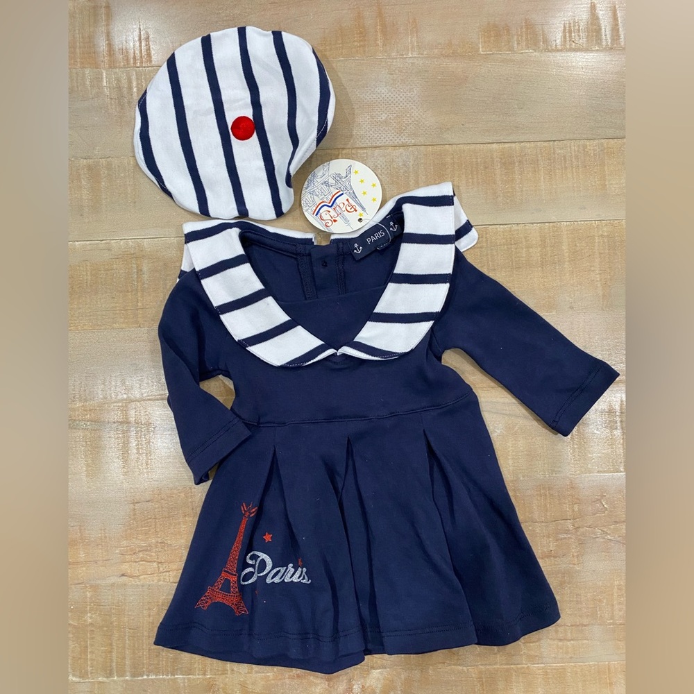PARIS France baby girl sailor Eiffel Tower tourist dress and hat beret Nwt